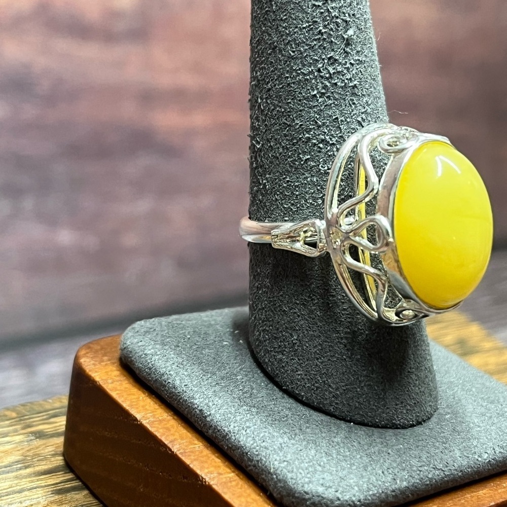 Sterling Silver Butterscotch Amber Ring – Size 9, Adjustable, Statement Ring - Picture 4 of 8